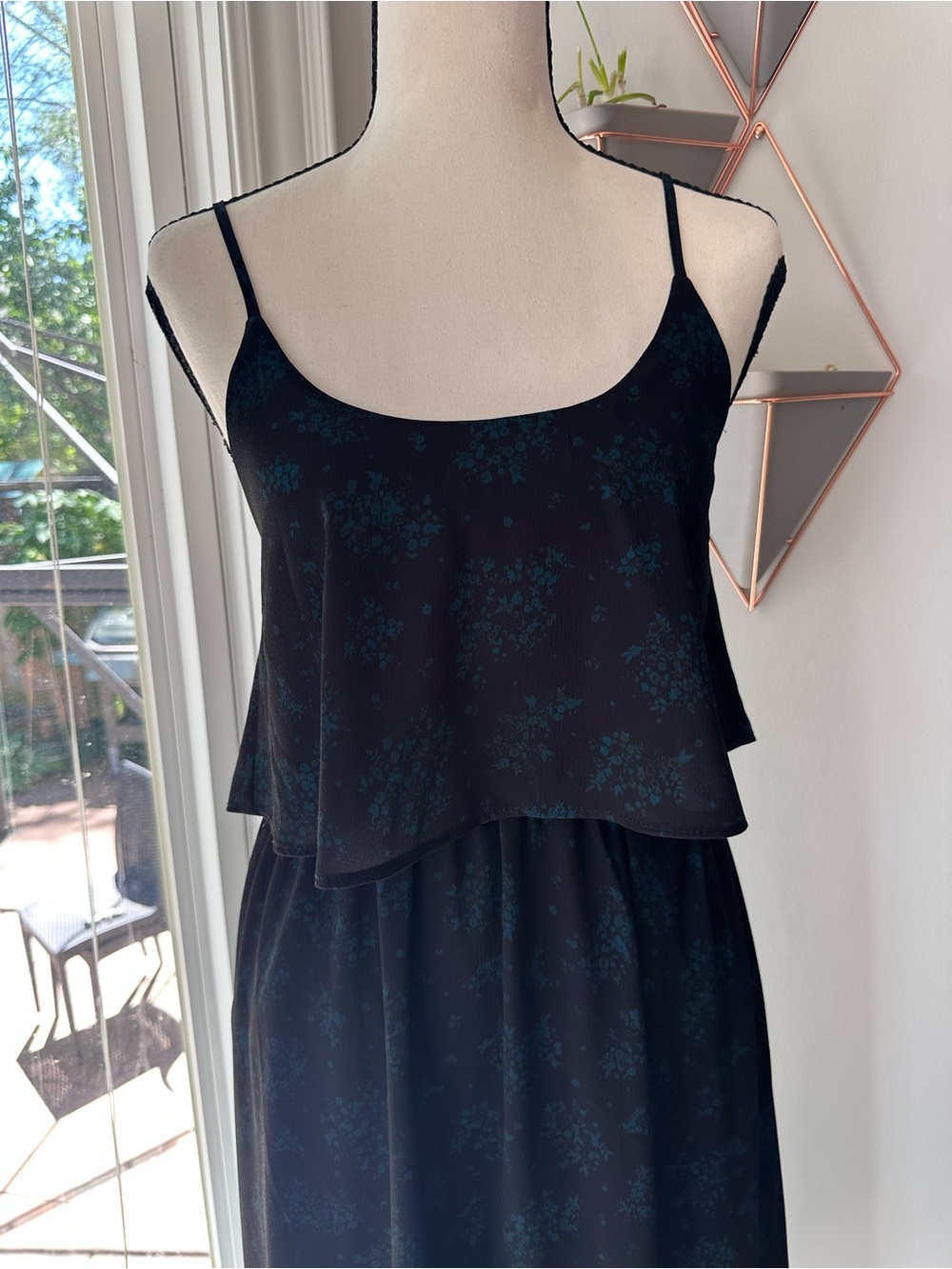 OAK + FORT Black Green Floral Ruffle Layered Spaghetti-Strap Midi Dress Size XS - Picture 4 of 13